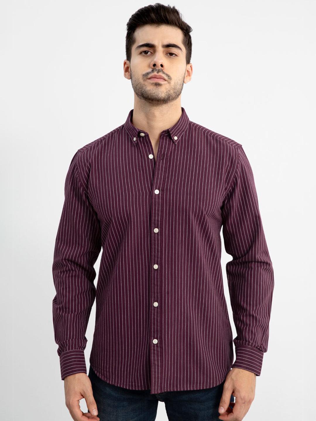 Maroon Classic Striped Button-Down Collar Slim Fit Cotton Casual Shirt - Image 6