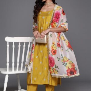 Mustard Embroidered Straight Kurta Paired With Tonal Bottom And Contrast Dupatta