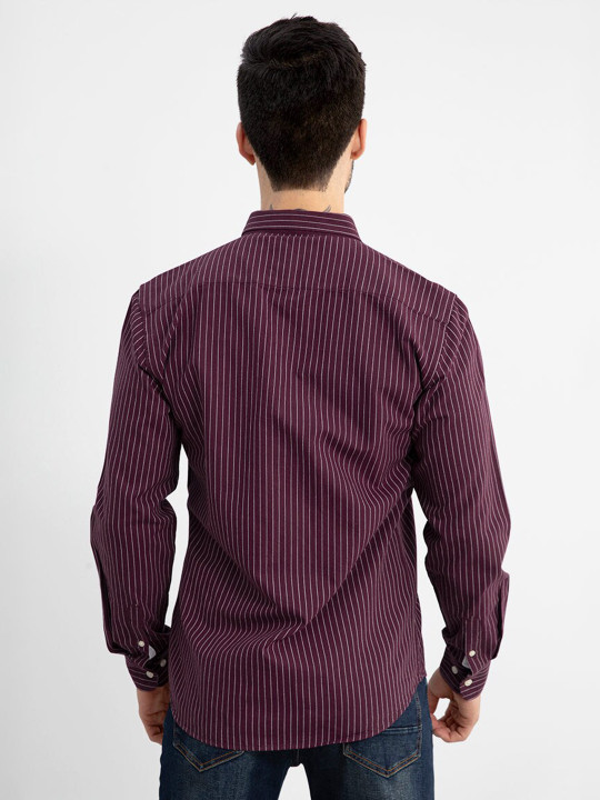 Maroon Classic Striped Button-Down Collar Slim Fit Cotton Casual Shirt - Image 3