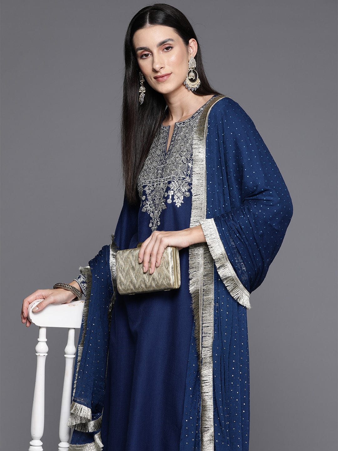 Blue Embroidered Straight Kurta Paired With Tonal Bottom And Dupatta - Image 8