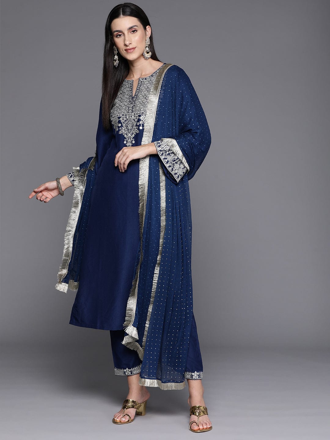 Blue Embroidered Straight Kurta Paired With Tonal Bottom And Dupatta - Image 6