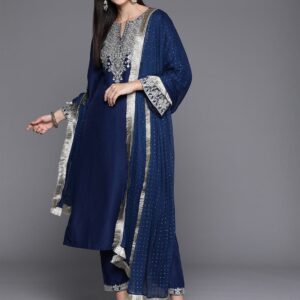 Blue Embroidered Straight Kurta Paired With Tonal Bottom And Dupatta