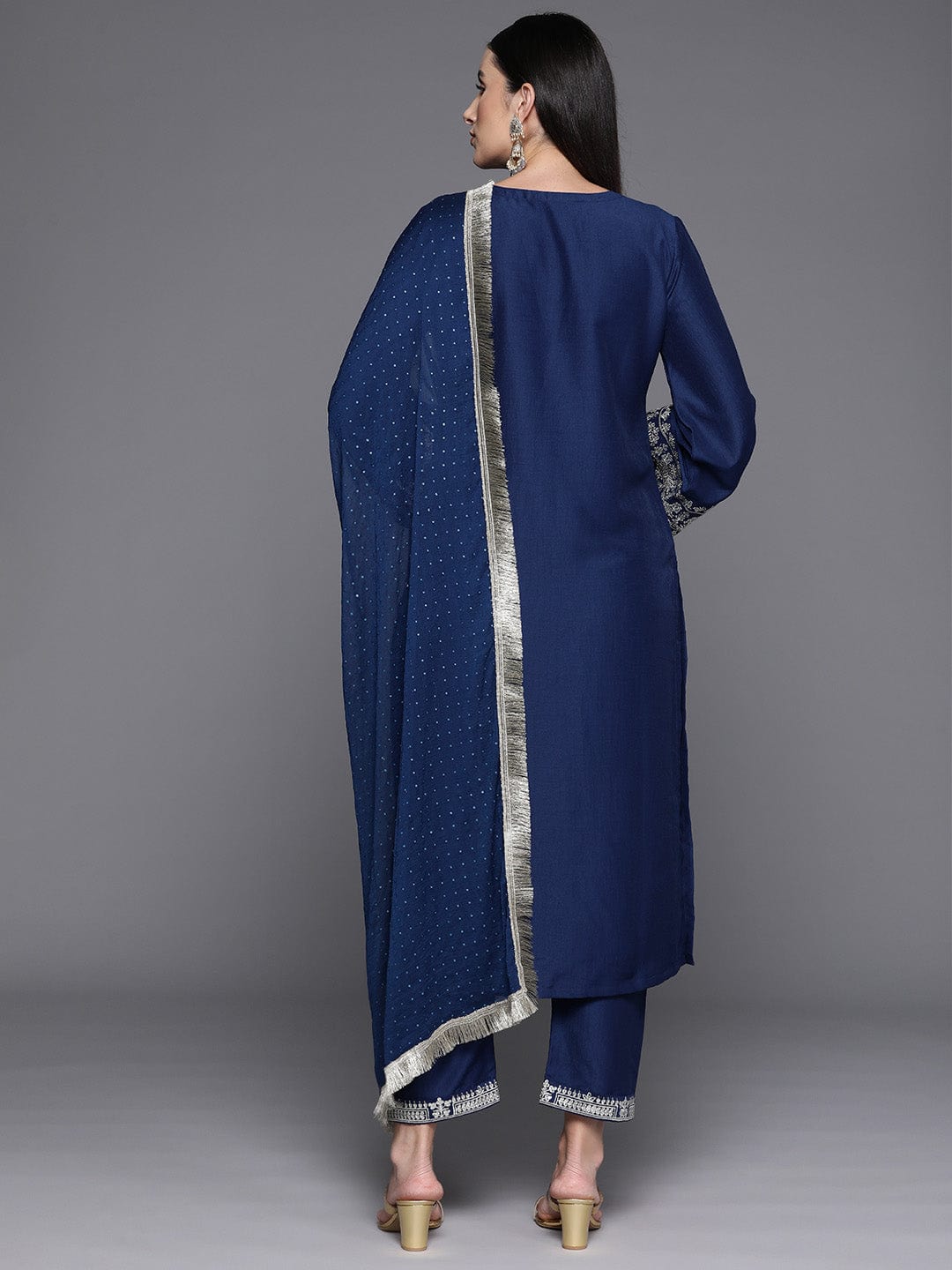 Blue Embroidered Straight Kurta Paired With Tonal Bottom And Dupatta - Image 4