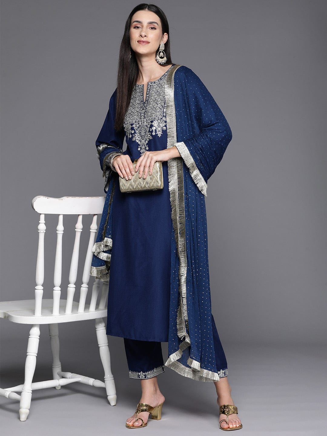 Blue Embroidered Straight Kurta Paired With Tonal Bottom And Dupatta - Image 3