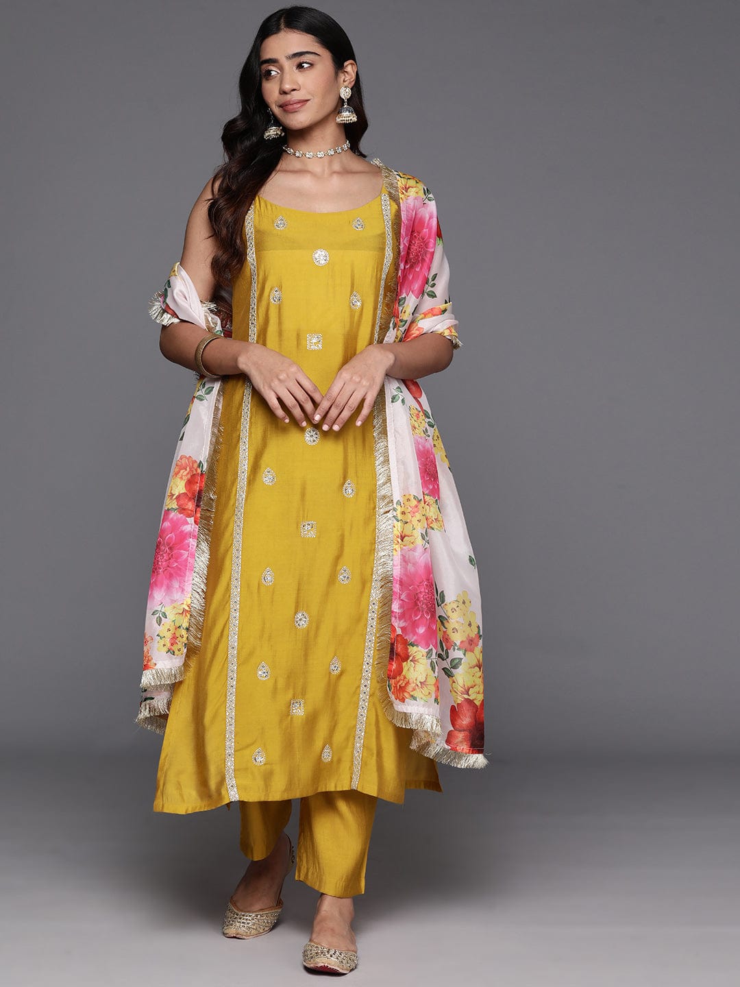 Mustard Embroidered Straight Kurta Paired With Tonal Bottom And Contrast Dupatta - Image 3