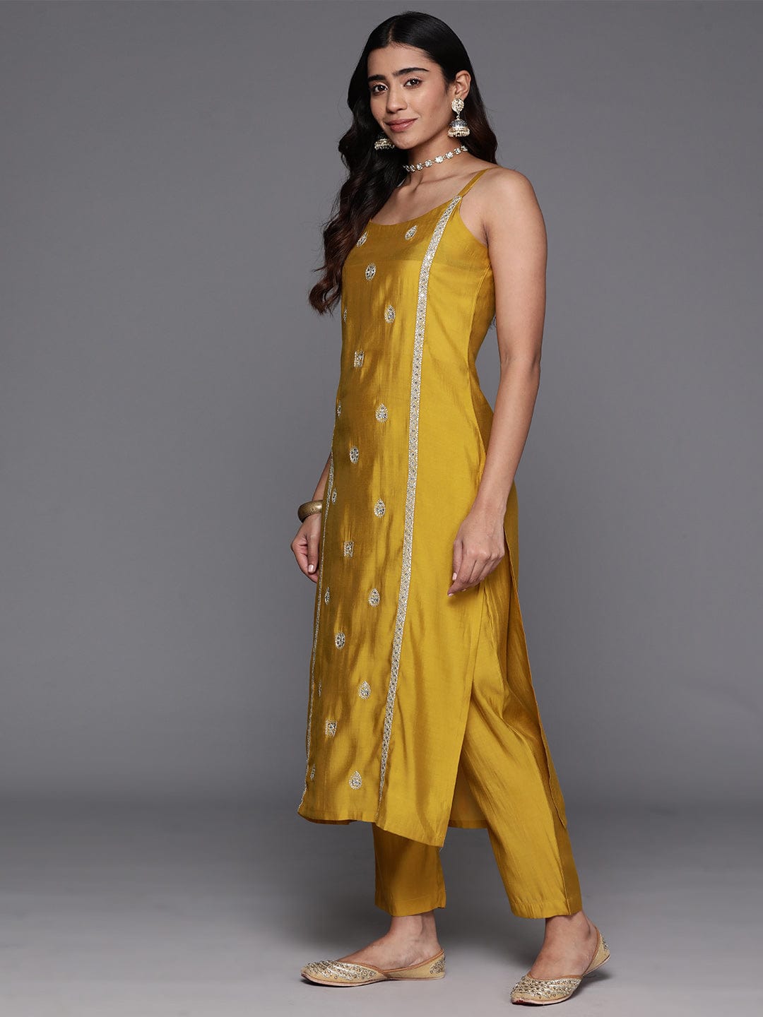 Mustard Embroidered Straight Kurta Paired With Tonal Bottom And Contrast Dupatta - Image 6