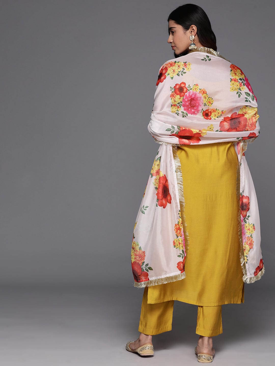 Mustard Embroidered Straight Kurta Paired With Tonal Bottom And Contrast Dupatta - Image 7