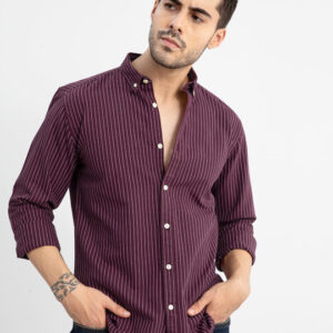 Maroon Classic Striped Button-Down Collar Slim Fit Cotton Casual Shirt