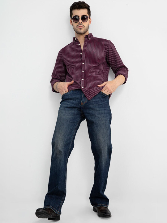 Maroon Classic Striped Button-Down Collar Slim Fit Cotton Casual Shirt - Image 4