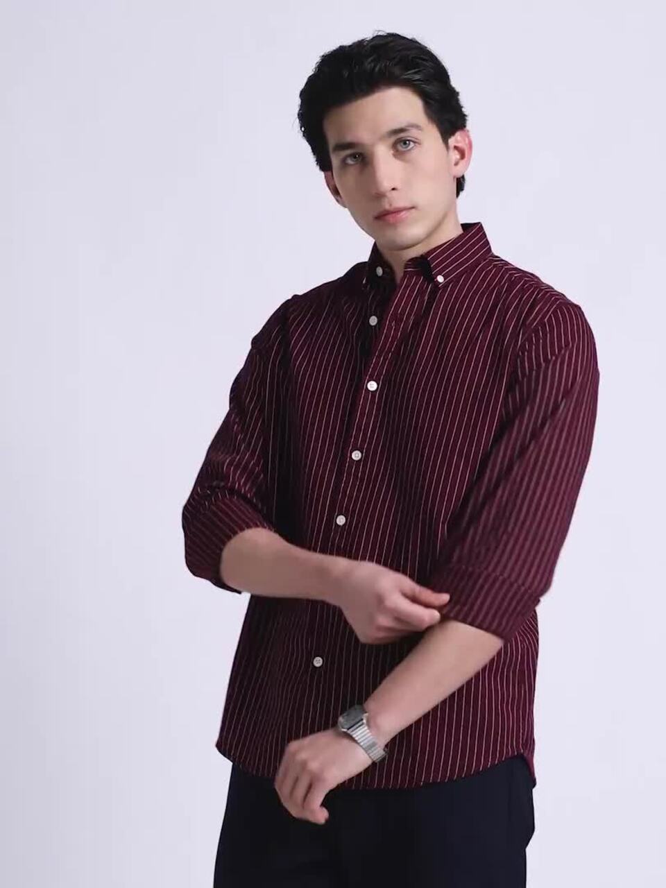 Maroon Classic Striped Button-Down Collar Slim Fit Cotton Casual Shirt - Image 5