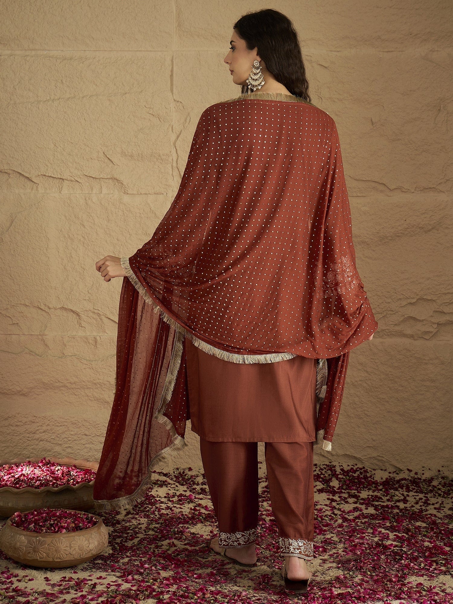 Varanga Women Rust Embroidered Straight Kurta With Bottom And Dupatta - Image 5