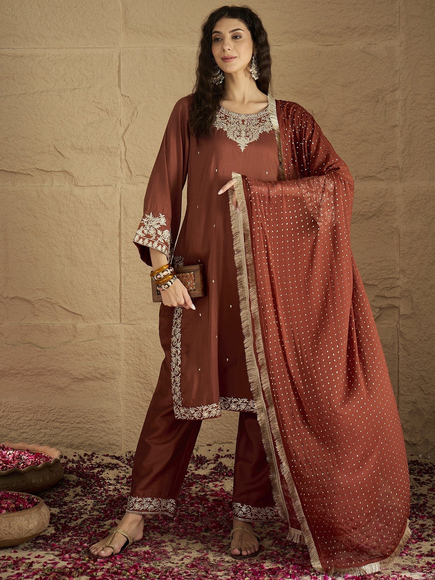 Varanga Women Rust Embroidered Straight Kurta With Bottom And Dupatta - Image 4