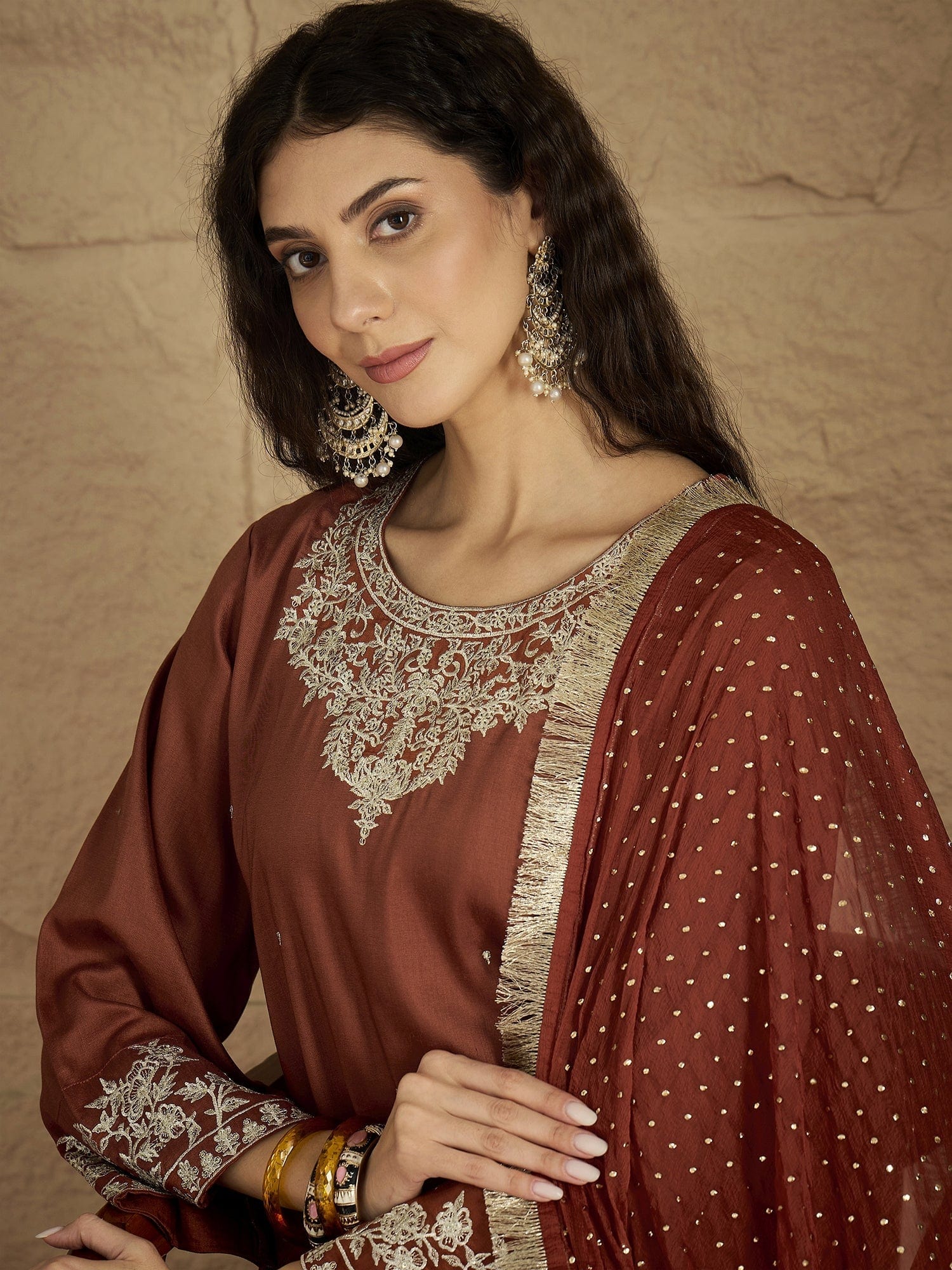 Varanga Women Rust Embroidered Straight Kurta With Bottom And Dupatta - Image 6