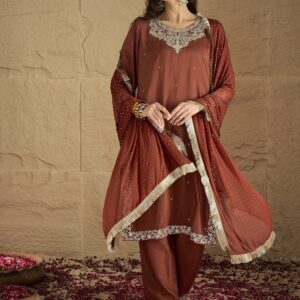 Varanga Women Rust Embroidered Straight Kurta With Bottom And Dupatta