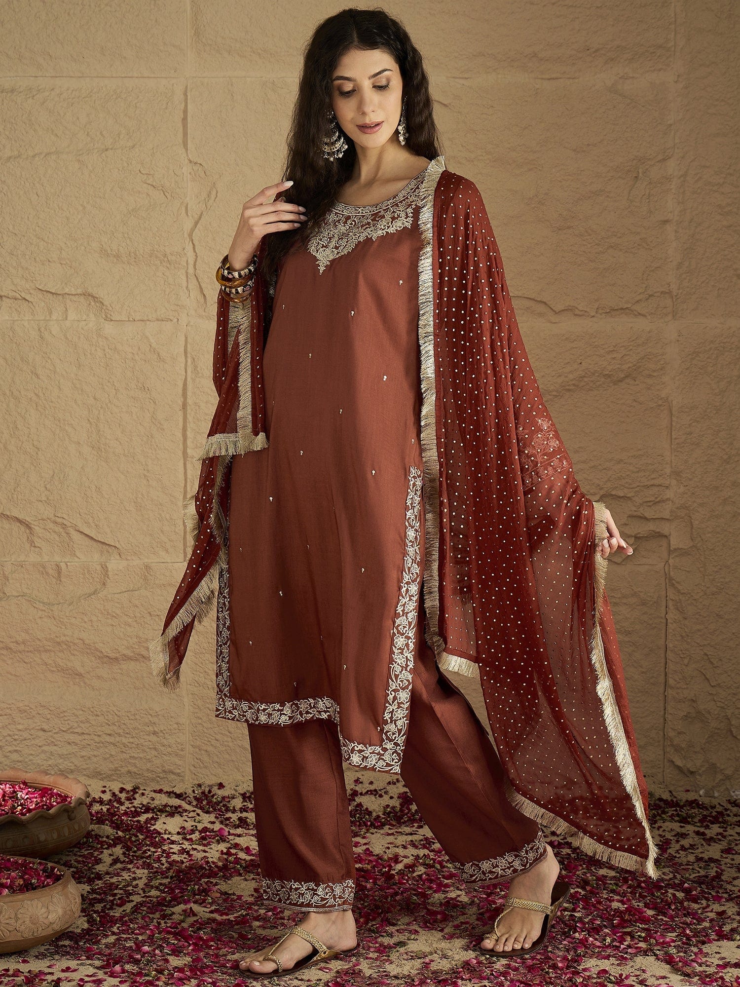 Varanga Women Rust Embroidered Straight Kurta With Bottom And Dupatta - Image 3