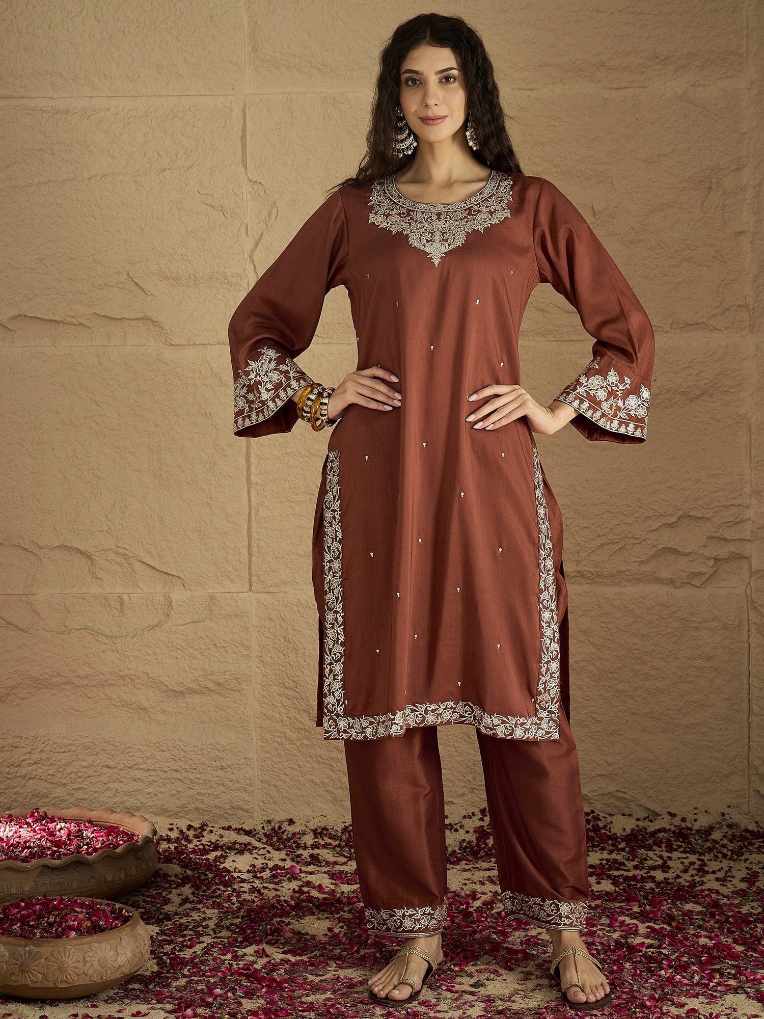 Varanga Women Rust Embroidered Straight Kurta With Bottom And Dupatta - Image 8