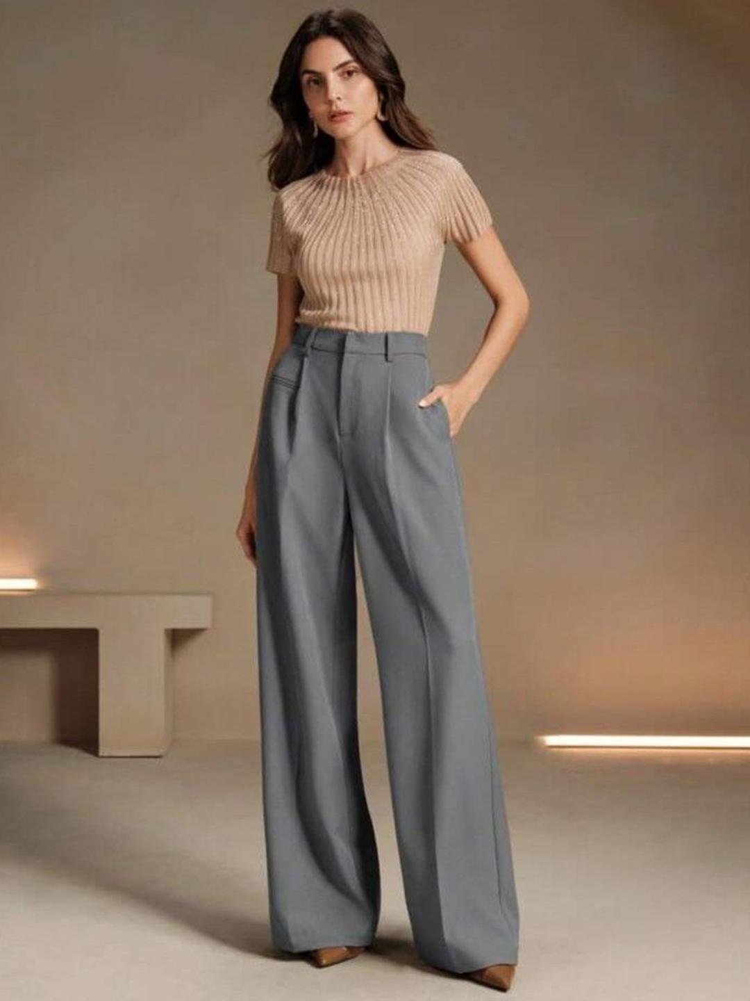 BROADSTAR Women Smart Loose Fit High-Rise Easy Wash Pleated Trousers